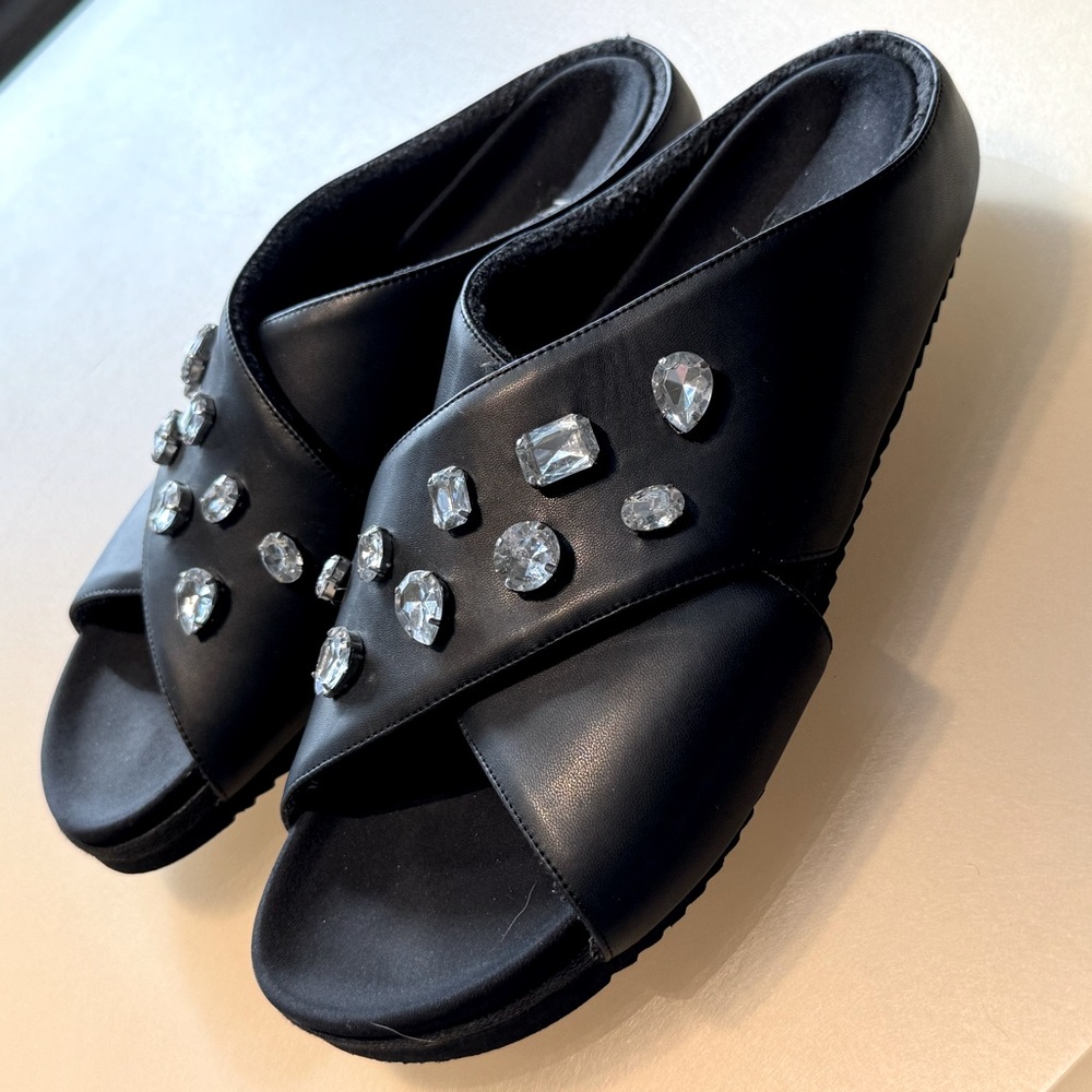 Roam Puffy Slide Sandals Black w/ Rhinestones Size 11